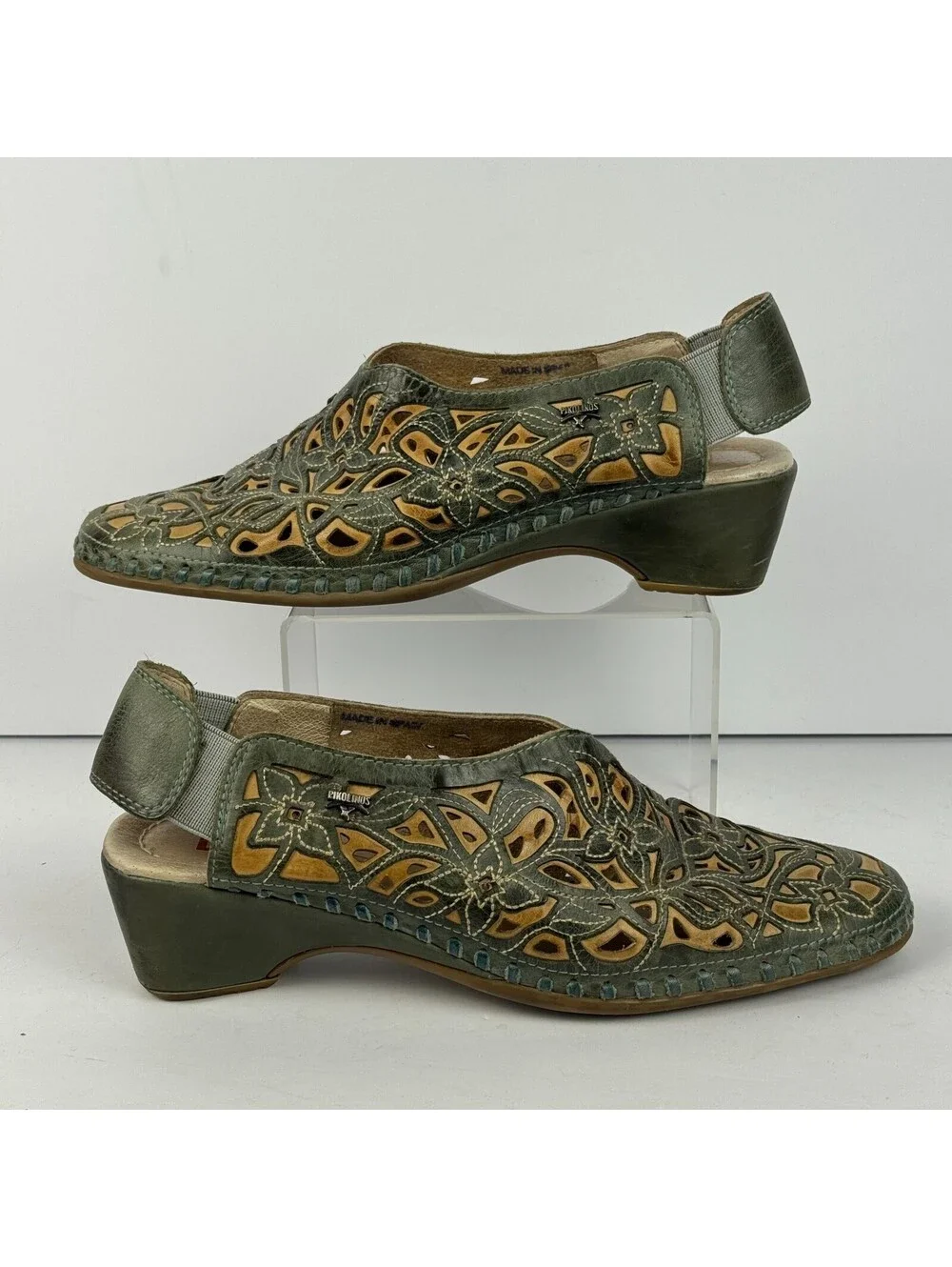 Pikolinos Romana Womens Size 37 Sling Back Wedge Sandals Green Tan Leather